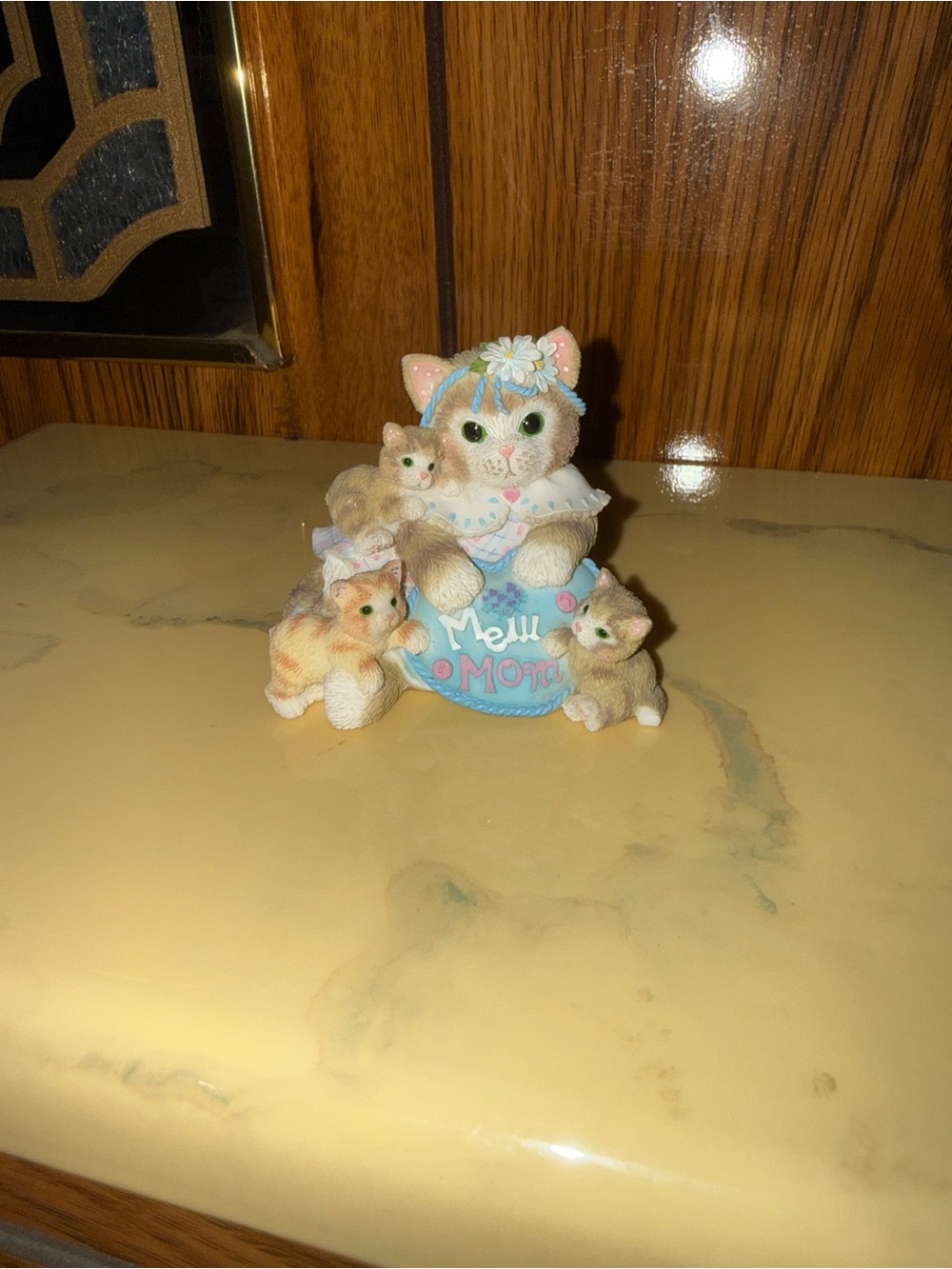 Calico Kittens Ceramic 'Meow Mom' Cat Figurine with Kittens